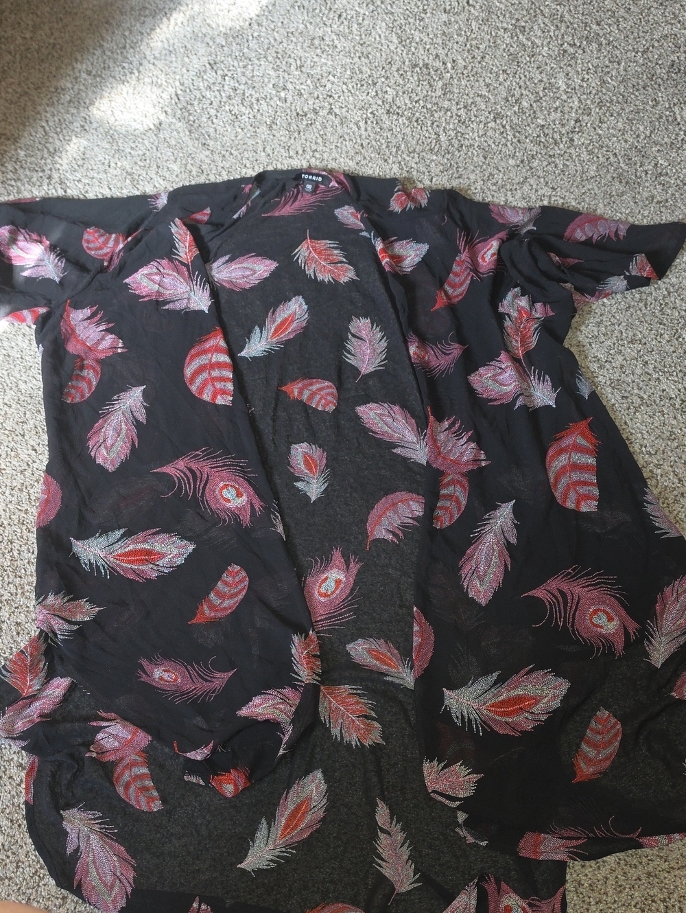 torrid Black Sheer Feather Print Kimono 00 Xl